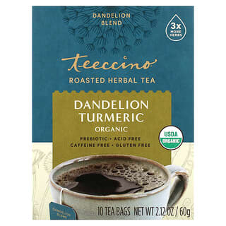 Teeccino, Té de hierbas tostadas orgánicas, Diente de león y cúrcuma, Sin cafeína`` 10 bolsitas de té, 60 g (2,12 oz)