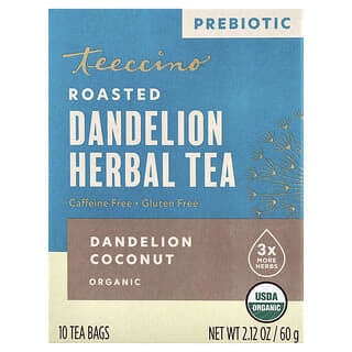 Teeccino, Té de hierbas tostadas orgánicas, Diente de león y coco, Sin cafeína`` 10 bolsitas de té, 60 g (2,12 oz)