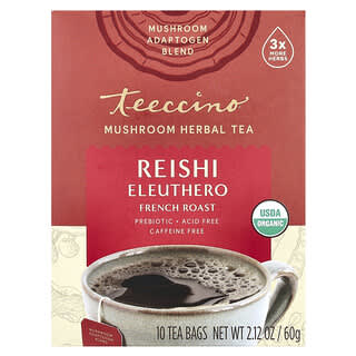 تيتشينو‏, Mushroom Herbal Tea, Reishi Eleuthero, French Roast, Caffeine Free, 10 Tea Bags, 2.12 oz (60 g)