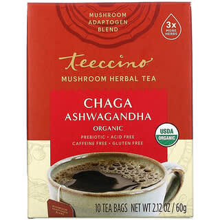 Teeccino, Mushroom Herbal Tea, Organic Chaga Ashwagandha, Caffeine Free , 10 Tea Bags, 2.12 oz (60 g)