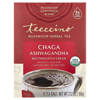 Teeccino, Mushroom Herbal Tea, Chaga Ashwagandha, Butterscotch Cream, Caffeine Free, 10 Tea Bags, 2.12 oz (60 g)