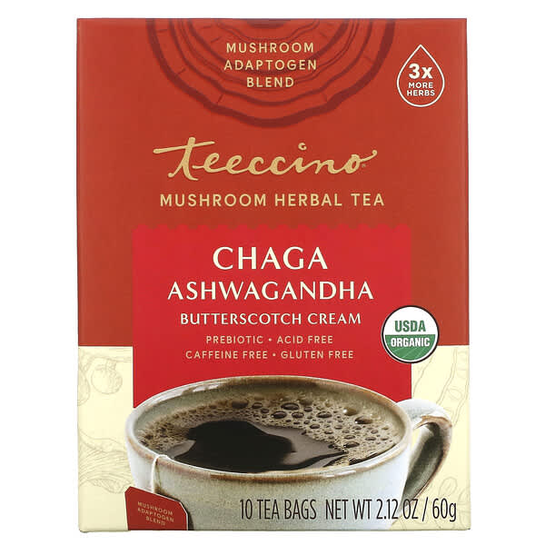Teeccino, 蘑菇草本茶，有機白樺茸 + 南非醉茄，零咖啡萃取，10 袋裝，2.12 盎司（60 克）