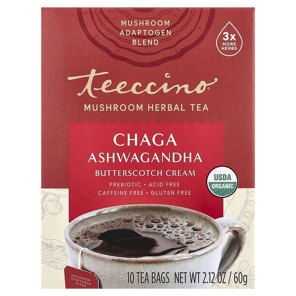 Organic Mushroom Herbal Tea, Chaga Ashwagandha, Butterscotch Cream, Caffeine Free, 10 Tea Bags, 2.12 oz (60 g)