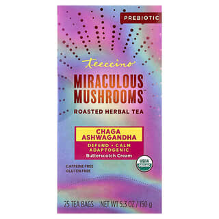 Teeccino, Miraculous Mushrooms™, Roasted Herbal Tea, Chaga Ashwagandha, Butterscotch Cream, Caffeine Free, 25 Tea Bags, 5.3 oz (150 g)