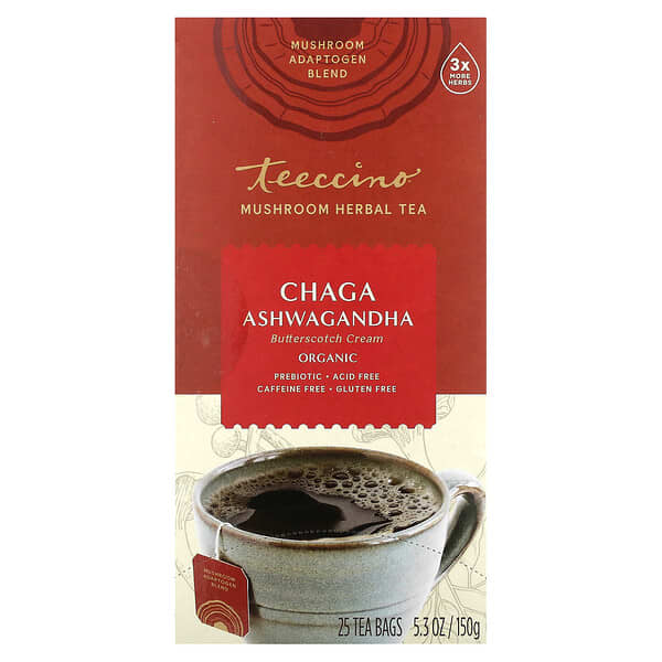 Organic Mushroom Herbal Tea, Chaga Ashwagandha, Butterscotch Cream, Caffeine Free, 25 Tea Bags, 5.3 oz (150 g)