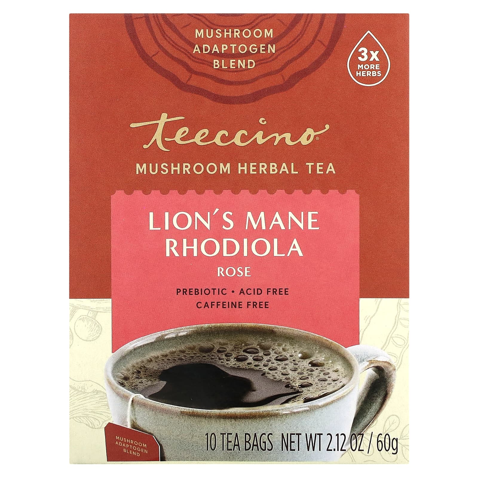 Teeccino, Mushroom Herbal Tea, Lion's Mane Rhodiola, Rose, Caffeine