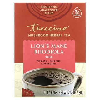Teeccino, Mushroom Herbal Tea, Lion's Mane Rhodiola, Rose, Caffeine Free, 10 Tea Bags, 2.12 oz (60 g)