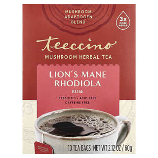Teeccino, Mushroom Herbal Tea, Lion's Mane Rhodiola, Rose, Caffeine Free, 10 Tea Bags, 2.12 oz (60 g)