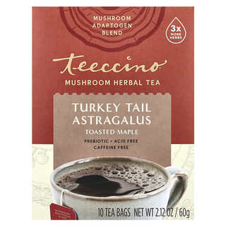 Teeccino, Mushroom Herbal Tea, Turkey Tail Astragalus, Toasted Maple, Caffeine Free, 10 Tea Bags, 2.12 oz (60 g)
