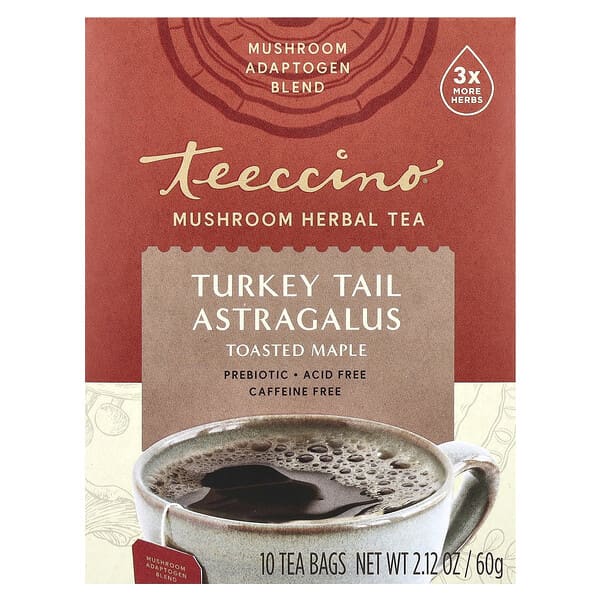 Mushroom Herbal Tea, Turkey Tail Astragalus, Toasted Maple, Caffeine Free, 10 Tea Bags, 2.12 oz (60 g)