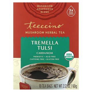 Teeccino, Mushroom Herbal Tea, Tremella Tulsi, Cardamom, Caffeine Free, 10 Tea Bags, 2.12 oz (60 g)