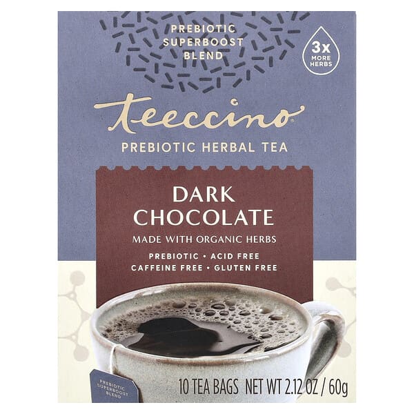 Teeccino Prebiotic Herbal Tea, Dark Chocolate, Caffeine Free, 10 Tea Bags, 2.12 oz (60 g)