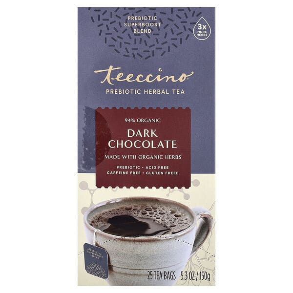 Teeccino Prebiotic Herbal Tea, Dark Chocolate, Caffeine Free, 25 Tea Bags, 5.3 oz (150 g)