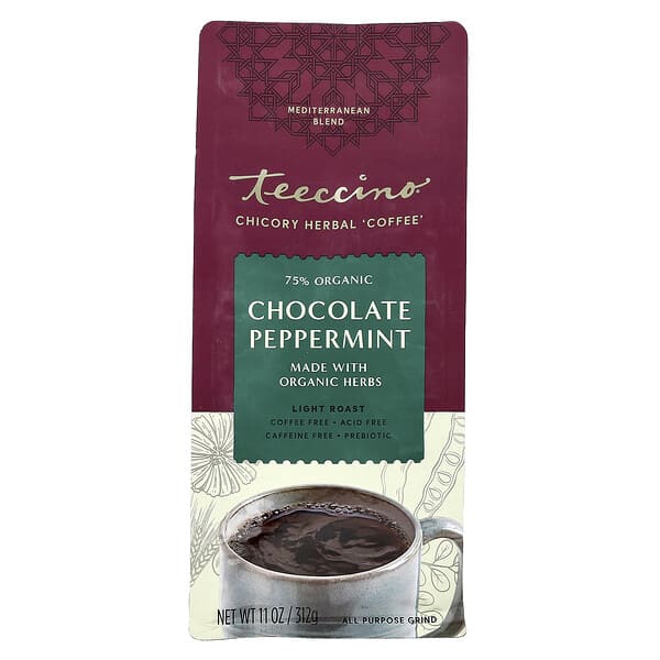 Teeccino, 유기농 치커리 허브 '커피', 초콜릿 페퍼민트, 라이트 로스트, 카페인 무함유, 312g(11oz)