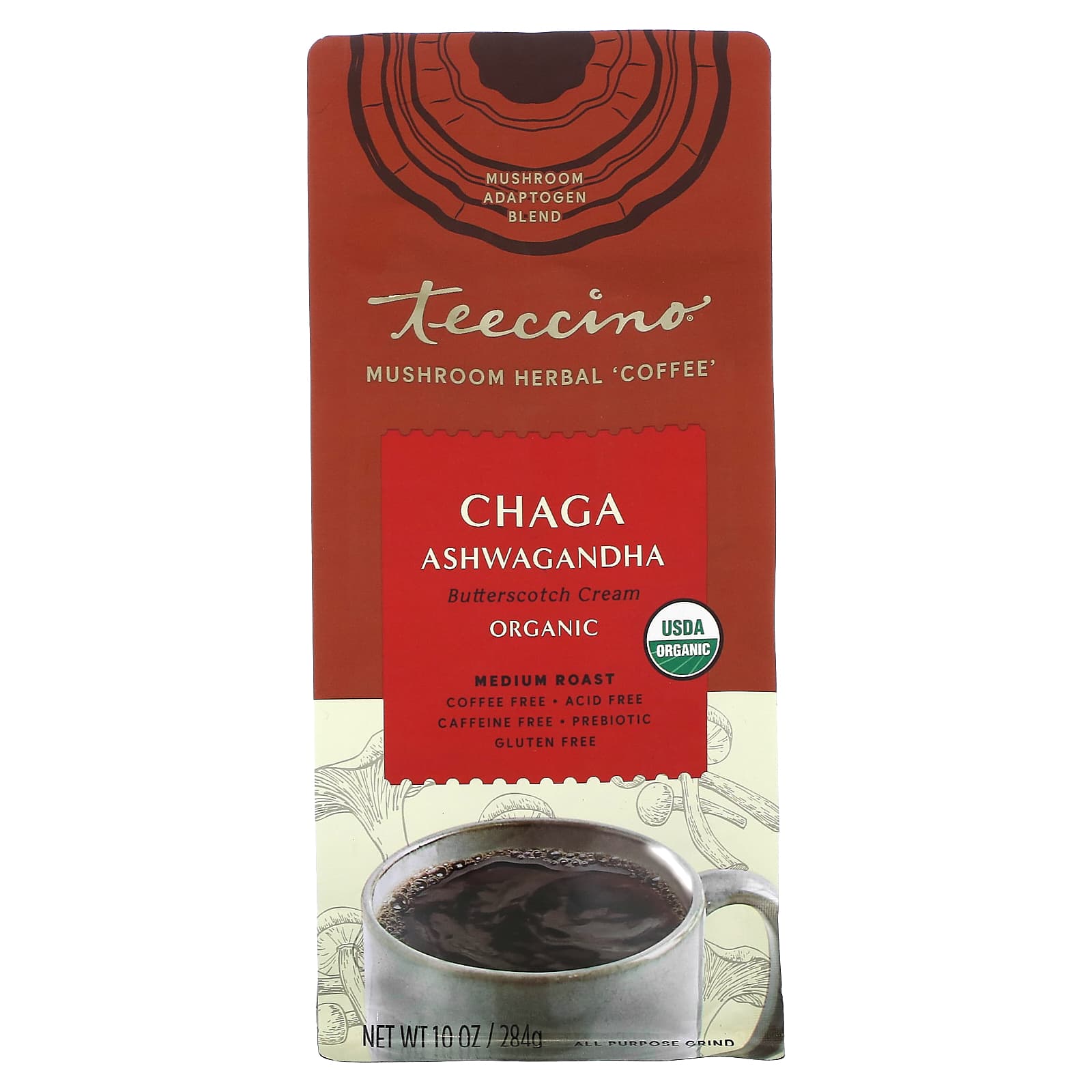 Teeccino, Mushroom Herbal Coffee, Chaga Ashwagandha, Medium Roast