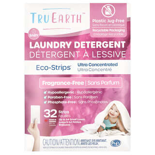 Tru Earth, Eco-Strips®, Detergente para la ropa, Ultraconcentrado, Sin fragancia, Para bebés, 32 tiras