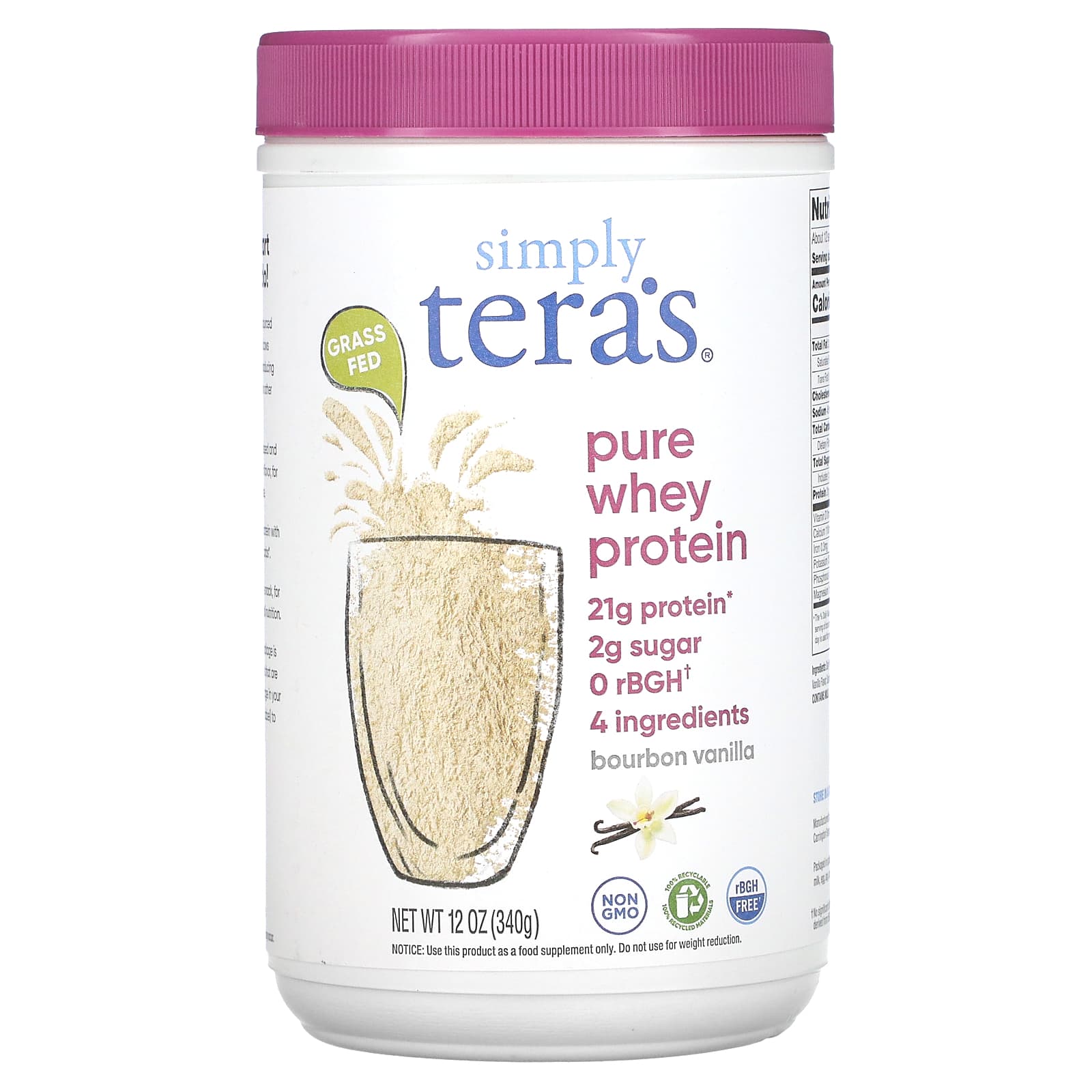 Tera's Whey, Grass Fed, Simply Pure Whey Protein, Bourbon Vanilla, 12