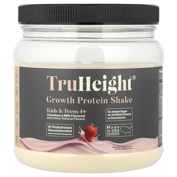 TruHeight, 키 성장 단백질 셰이크, 4세 이상 어린이 및 청소년 및 딸기 우유, 400g(14oz)