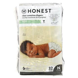 The Honest Company, Honest Diapers 紙尿褲，超軟內襯，新生兒，熊貓圖案，不超過 10 磅，32 片