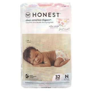 The Honest Company, Clean Conscious Diapers™, Recién nacido, De menos de 10 lb, Flor de rosa, 32 pañales