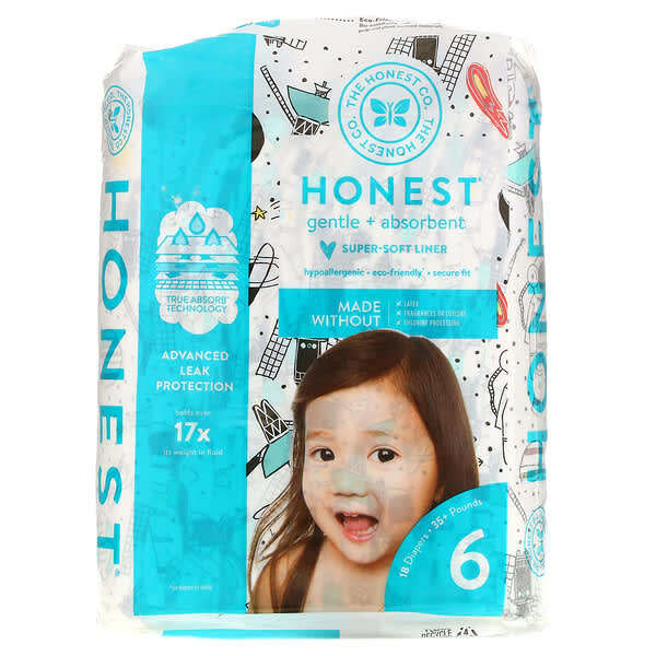 The Honest Company‏, Honest Diapers, Super-Soft Liner, Size 6, Space Travel, 35+ Pounds, 18 Diapers