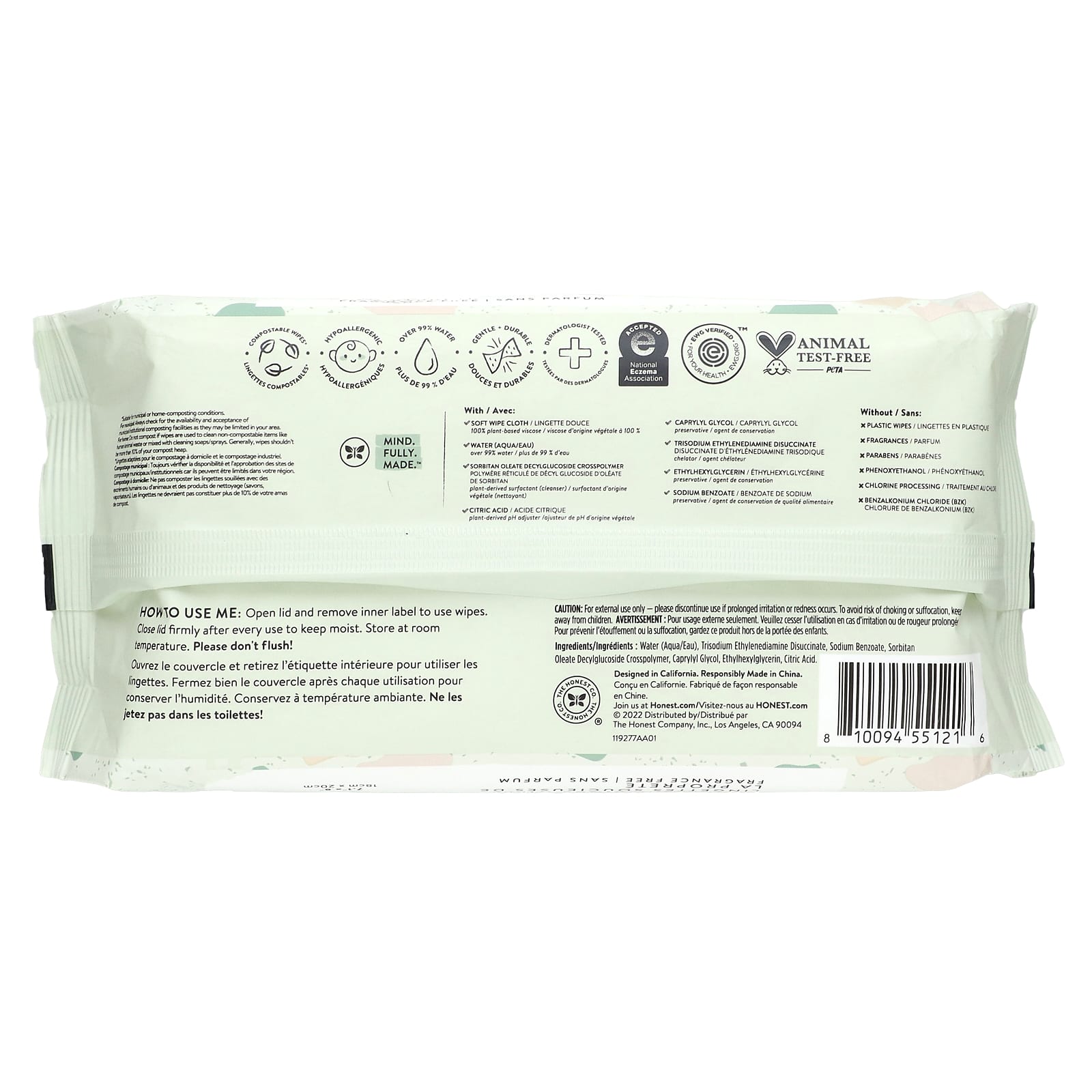 The Honest Company, Sensitive Clean Conscious Wipes, Fragrance Free, 60