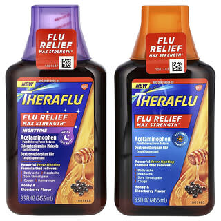 Theraflu, Flu Relief Max Strength, Daytime & Nighttime, Value Pack, Honey & Elderberry, 2 Bottles, 8.3 fl oz (245.5 ml) Each