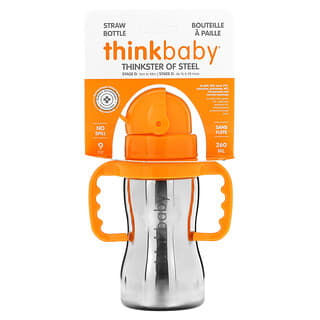 Think, Thinkbaby, Thinkster of Steel, стальная бутылочка, оранжевая, бутылочка с 1 соломинкой, 290 мл (10 унций)