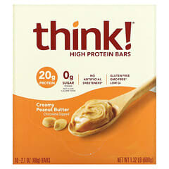 Think !, Батончики з високим вмістом білка, вершкове арахісове масло, 10 батончиків, 2,1 унції (60 г) кожен