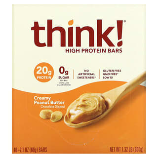 Think !, Barras altas en proteínas, Mantequilla de maní cremosa, 10 Barras, 2.1 oz (60 g) c/u