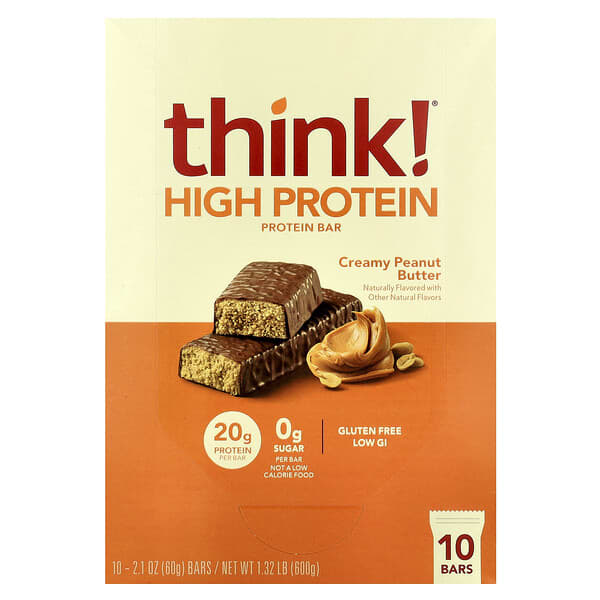 Think !, 하이 프로틴바, 크리미 땅콩 버터, 바 10개, 각 60g(2.1oz)