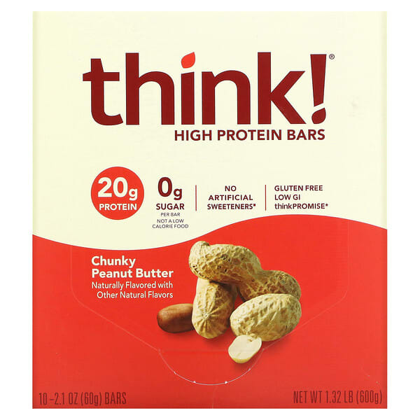 Think !, Barras com alto teor de proteínas, Manteiga de amendoim grossa, 10 barras, 60 g (2,1 oz) cada