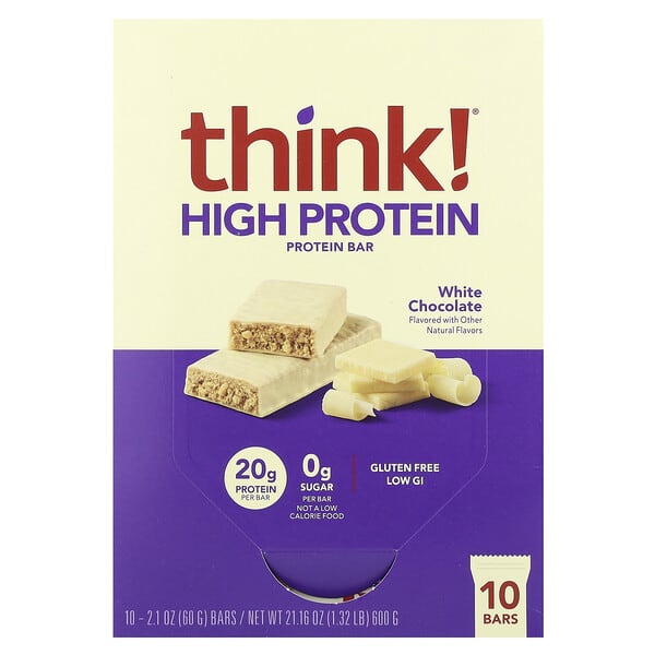 High Protein Bars, White Chocolate, 10 Bars, 2.1 oz (60 g) Each