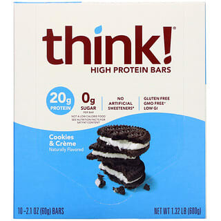Think !, Barras com Alto Teor de Proteína, Cookies e Creme, 10 Barras, 60 g (2,1 oz) Cada