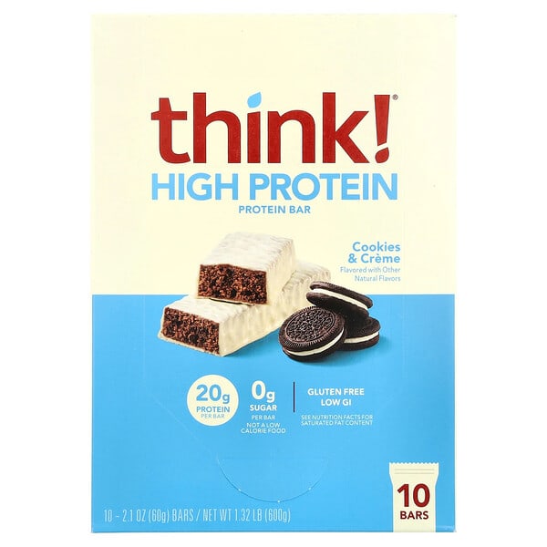 High Protein Bars, Cookies & Cream, 10 Bars, 2.1 oz (60 g) Each