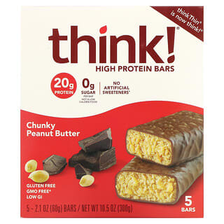 Think !, Barritas altas en proteína, Mantequilla de maní en trozos, 5 barritas, 60 g (2,1 oz) cada una