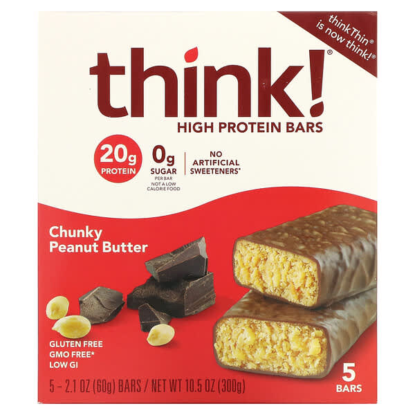 Think !, High Protein Bars, Chunky Peanut Butter, 5 Bars, 2.1 oz (60 g) Each
