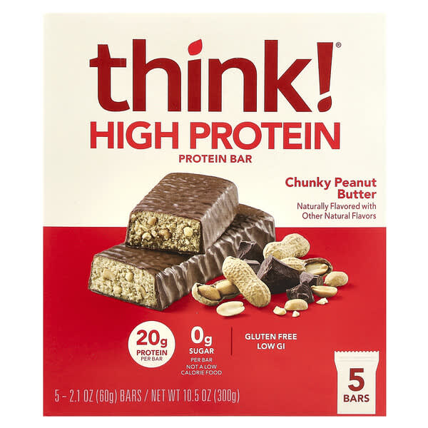 High Protein Bars, Chunky Peanut Butter, 5 Bars, 2.1 oz (60 g) Each