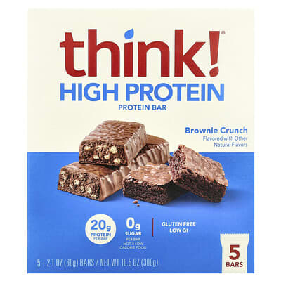 think!, High Protein Bars, Brownie Crunch, 5 Bars, 60 g (2.1 oz) Each think!, High Protein Bars, Brownie Crunch, 5 Bars, 60 g (2.1 oz) Each