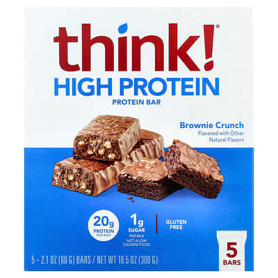 think!, High Protein Bars, Brownie Crunch, 5 Bars, 60 g (2.1 oz) Each