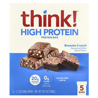 Think !, High Protein Bars, Brownie Crunch, 5 Bars, 2.1 oz (60 g) Each