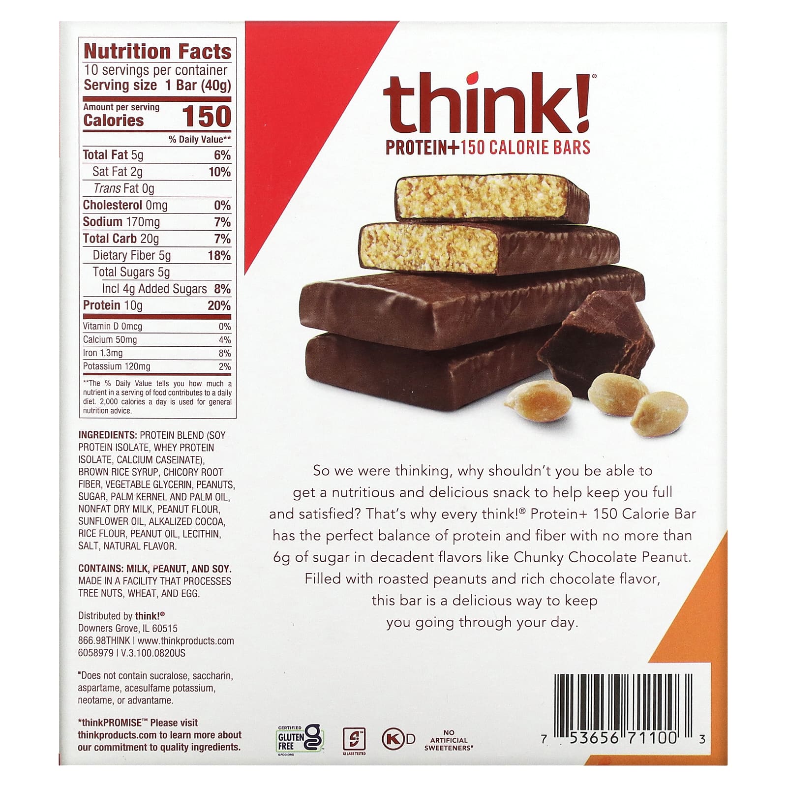 Think !, Protein+ 150 Calorie Bars, Chunky Chocolate Peanut, 10 Bars, 1