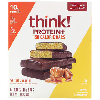 Think !, Barras de 150 calorías Protein+, Sabor caramelo salado, 5 barras, 40 g (1,41 oz) cada una