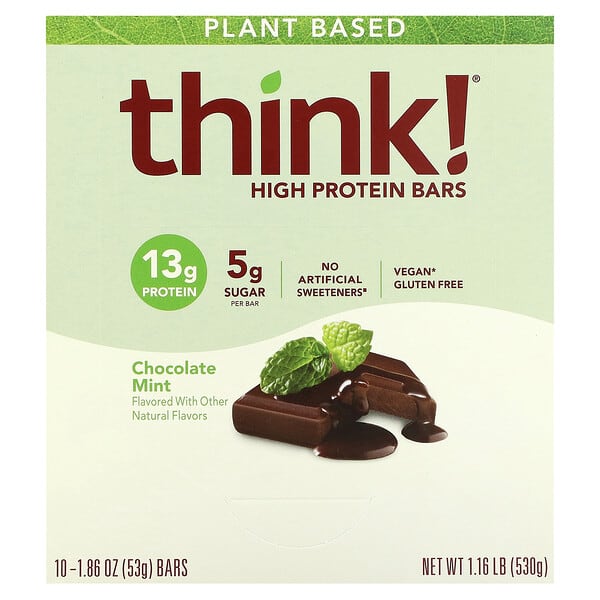 Plant Based High Protein Bars, Chocolate Mint, 10 Bars, 1.86 oz (53 g) Each
