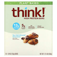 Think !, High Protein Bars, Sea Salt Almond Chocolate, 10 Bars, 1.94 oz (55 g) Each