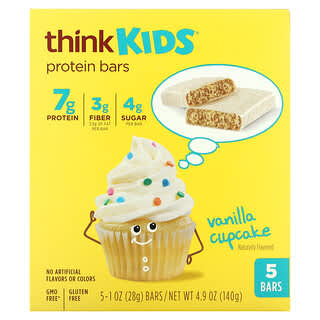 Think !, ThinkKids, Protein Bars, Vanilla Cupcake, 5 Bars, 1 oz (28 g) Each