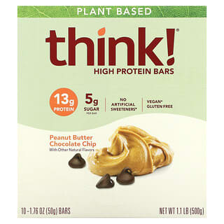 Think !, Barres riches en protéines, Beurre de cacahuètes et pépites de chocolat, 10 barres, 50 g chacune