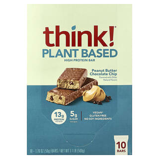 Think !, Barres riches en protéines, Beurre de cacahuètes et pépites de chocolat, 10 barres, 50 g chacune