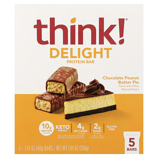 Think !, Barritas proteicas cetogénicas, Pastel de mantequilla de maní y chocolate`` 5 barras, 40 g (1,41 oz) cada una