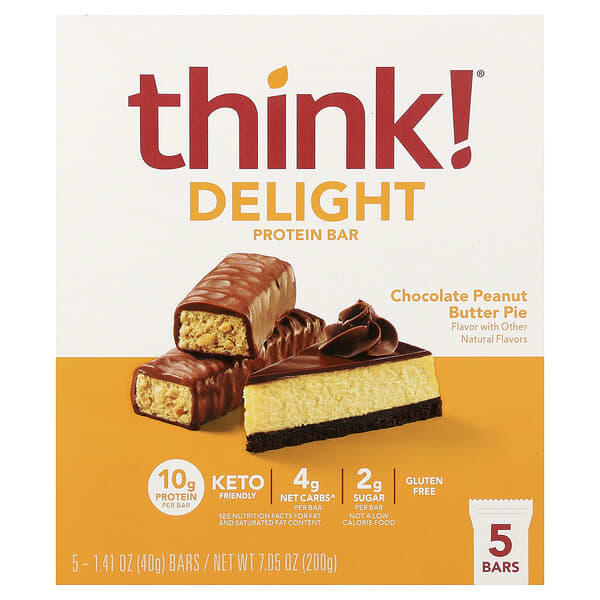 Delight Protein Bar, Chocolate Peanut Butter Pie, 5 Bars, 1.41 oz (40 g) Each